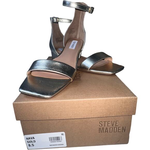 NWB Steve Madden Nava Leather Strappy Sandals Silver Gold Women's Size US 8.5M - Picture 1 of 11